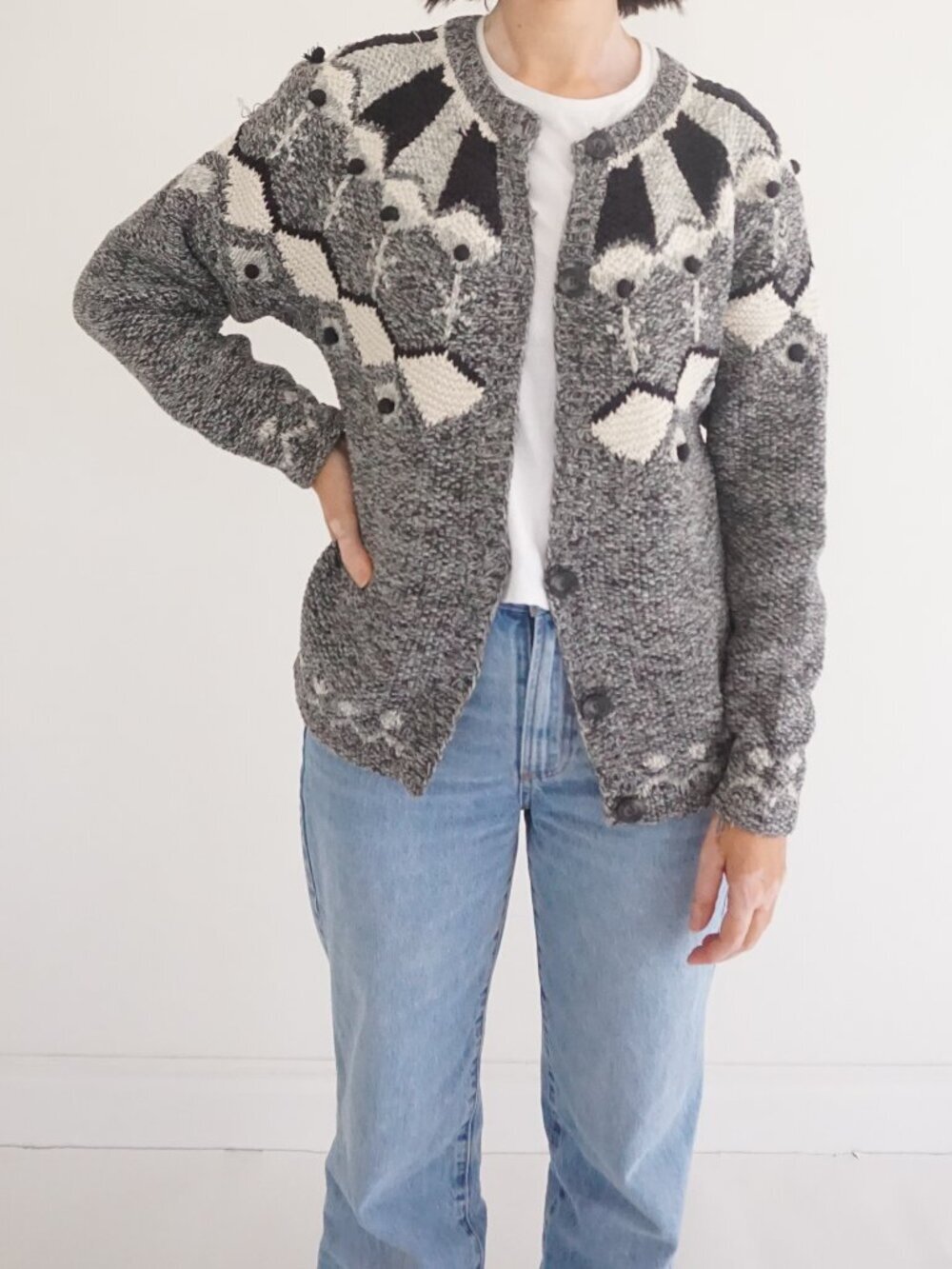 Vintage Crazy Horse Grey Black Geometric Textured Button Cotton Cardigan S